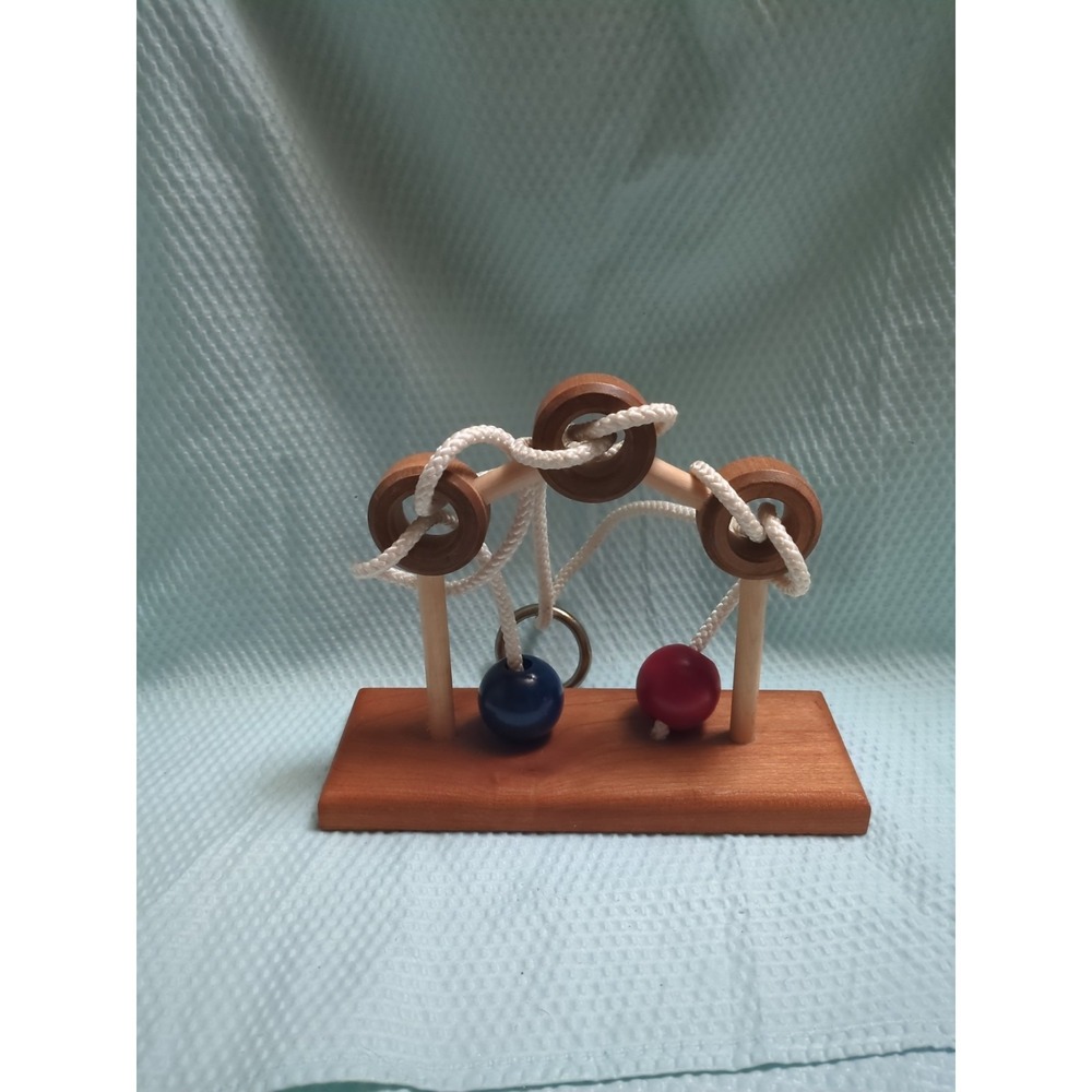 Vintage Wooden String Puzzle Ring and Ball Disentanglement Brain Teaser